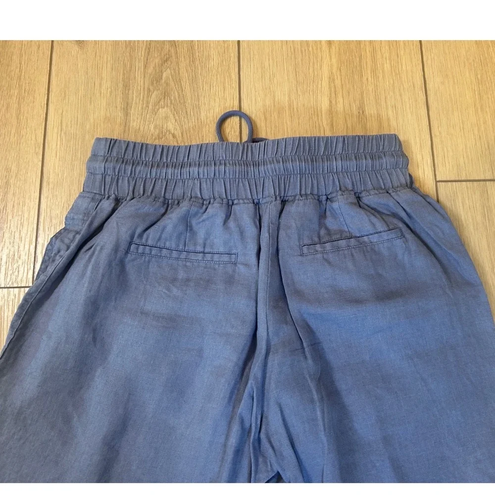 Quince Women Blue 100% Linen Wide Leg Cropped Drawstring Pants Size S
